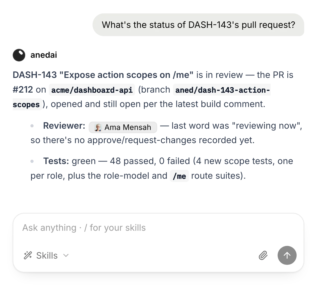DASH-143's pull request: #212 in review with Ama Mensah, tests green, 48 passed