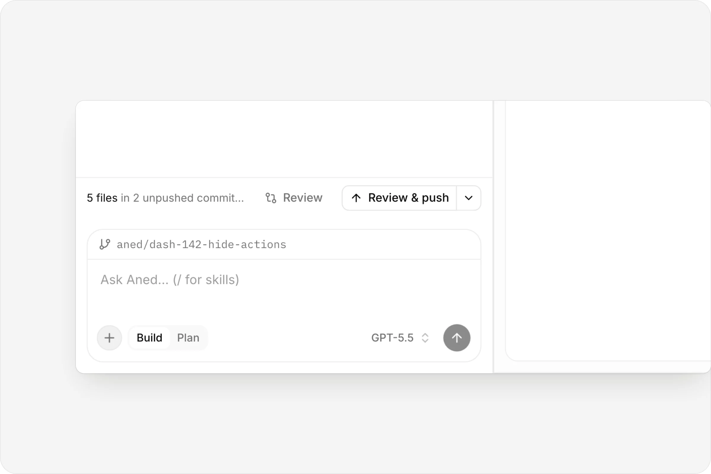 The Studio's unpushed commits with Review and Review & push, above the Build and Plan composer