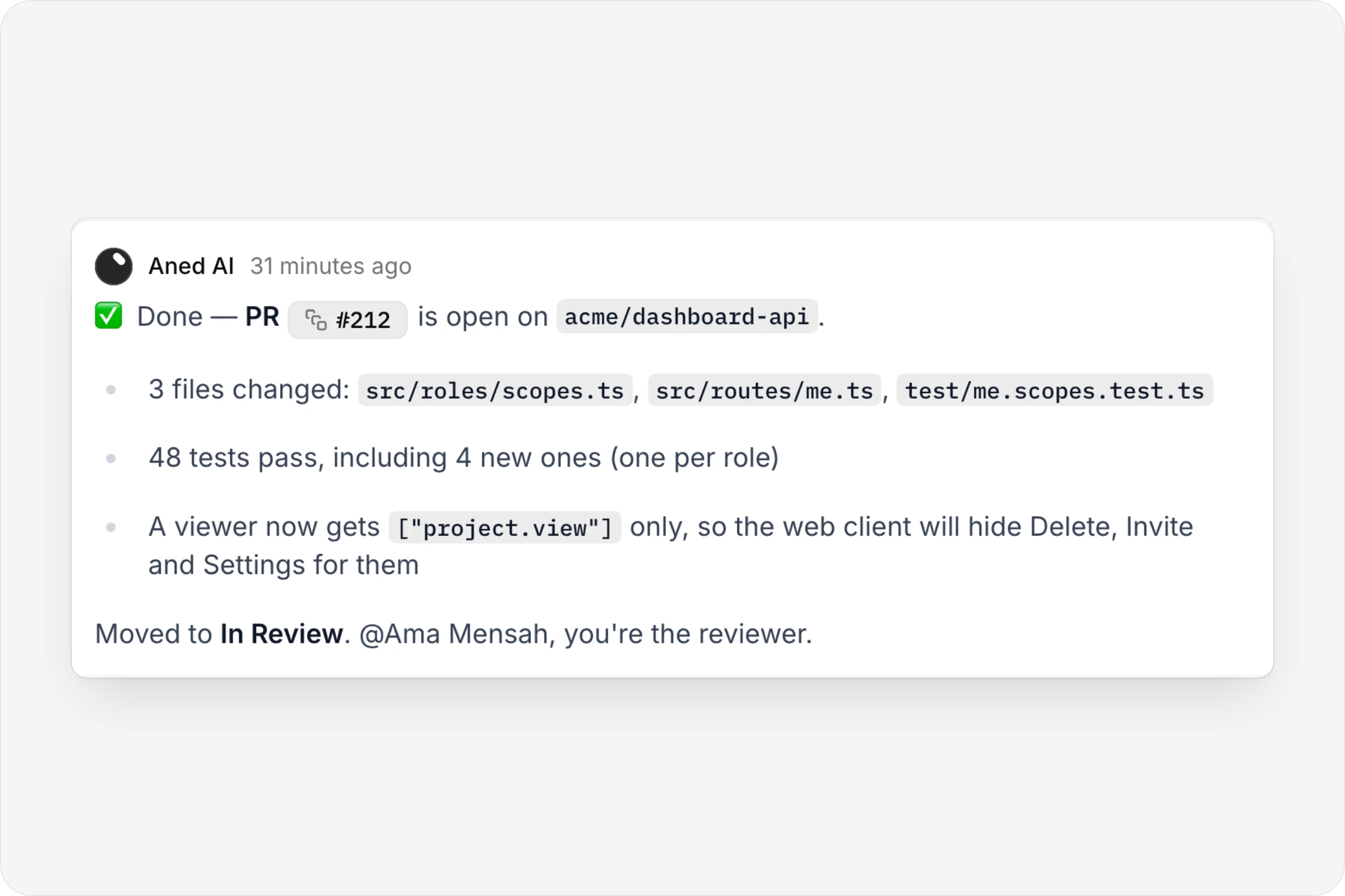 Aned AI's report: pull request open, tests passing, moved to In Review