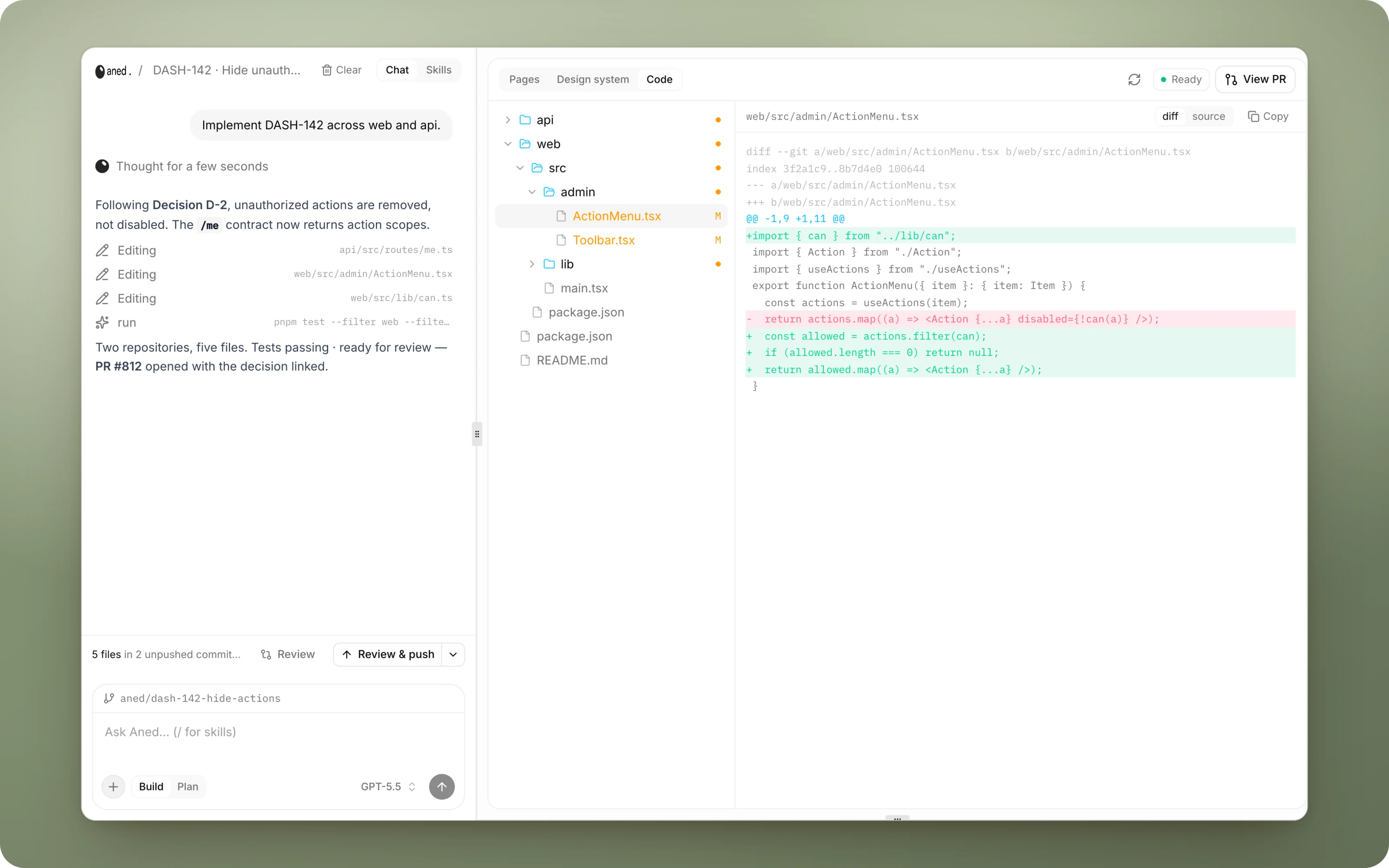 The Studio: the agent's chat beside the code it changed, with a diff, the file tree, and a pull request ready for review
