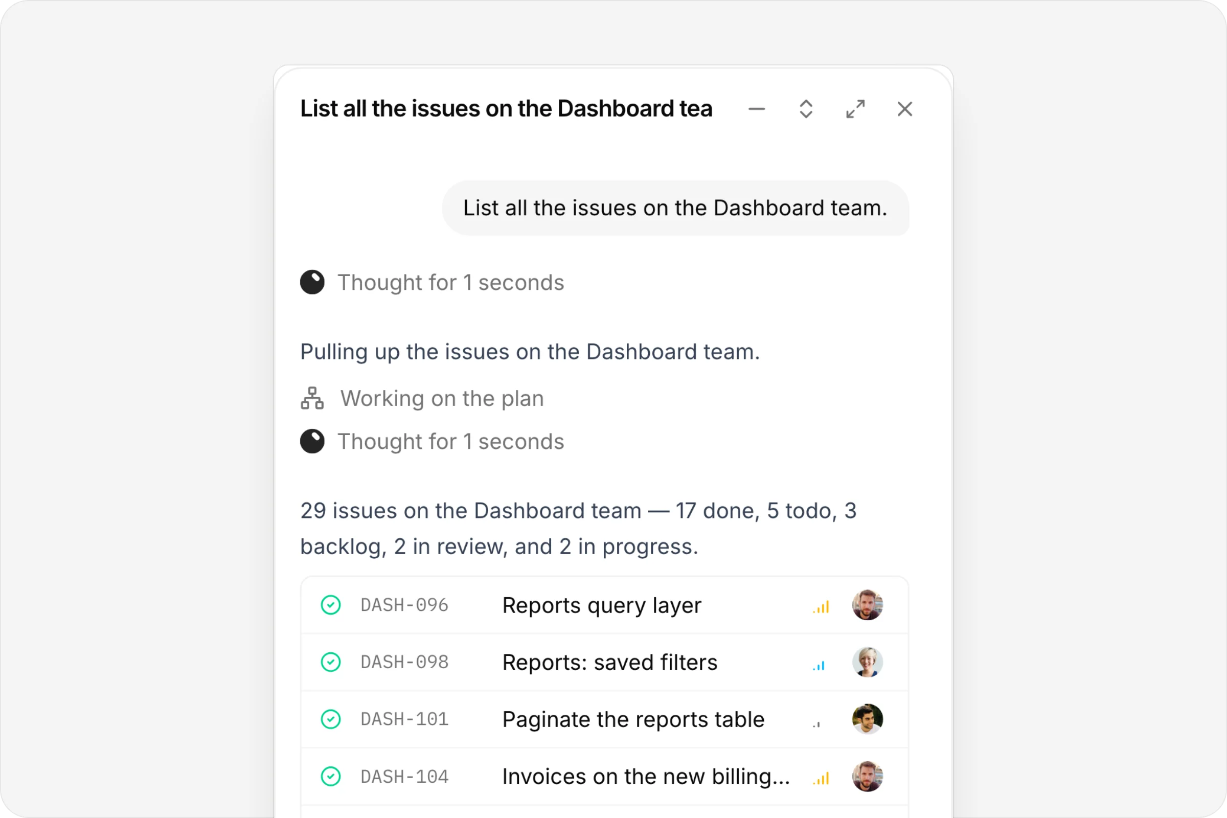Issues in a chat answer, each with its key, status and assignee