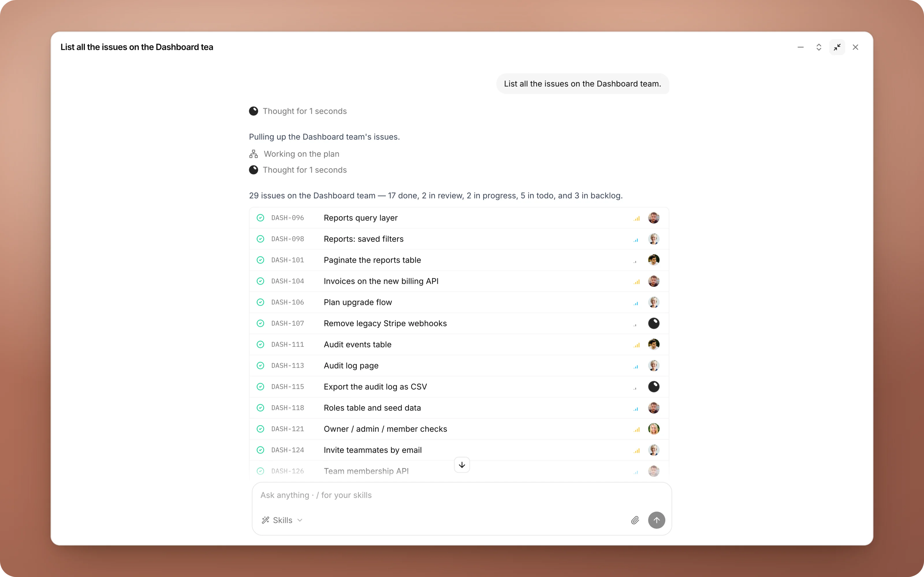 The anedai chat answering “list all the issues on the Engineering team” with a summary and a card listing every issue