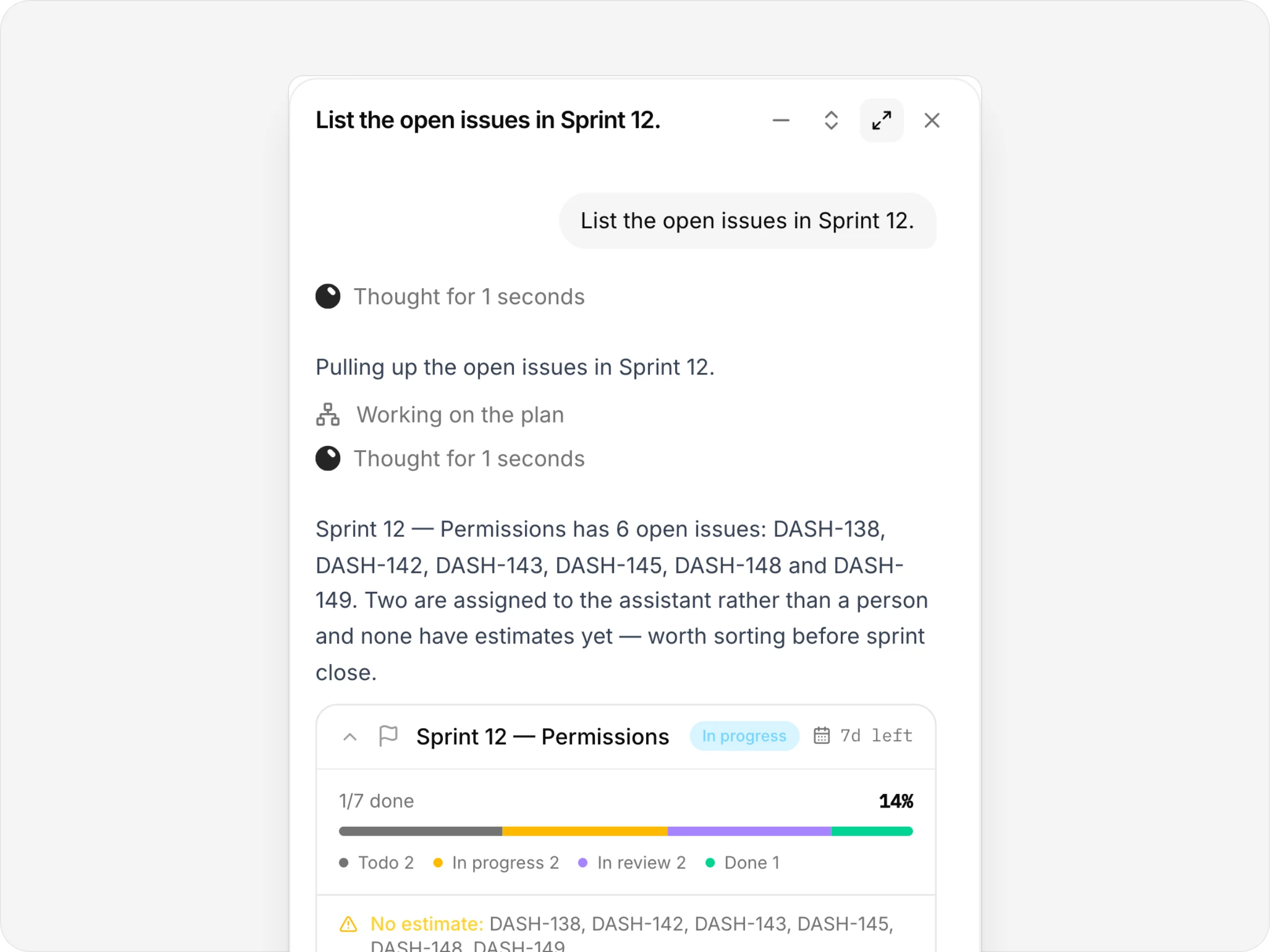 The anedai chat answering “List the open issues in Sprint 12” with the sprint's card