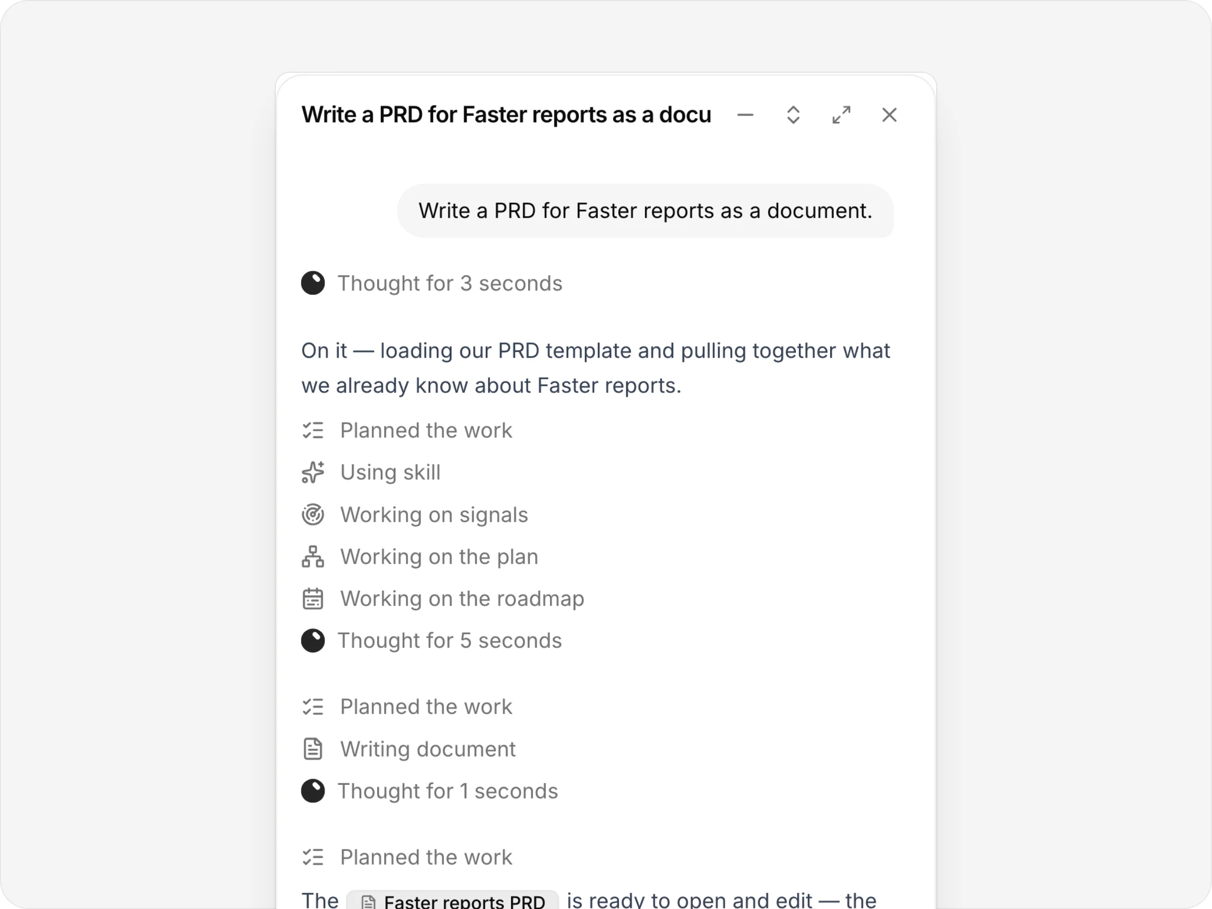 The anedai chat writing a PRD from the plan, signals and roadmap, saved as a document