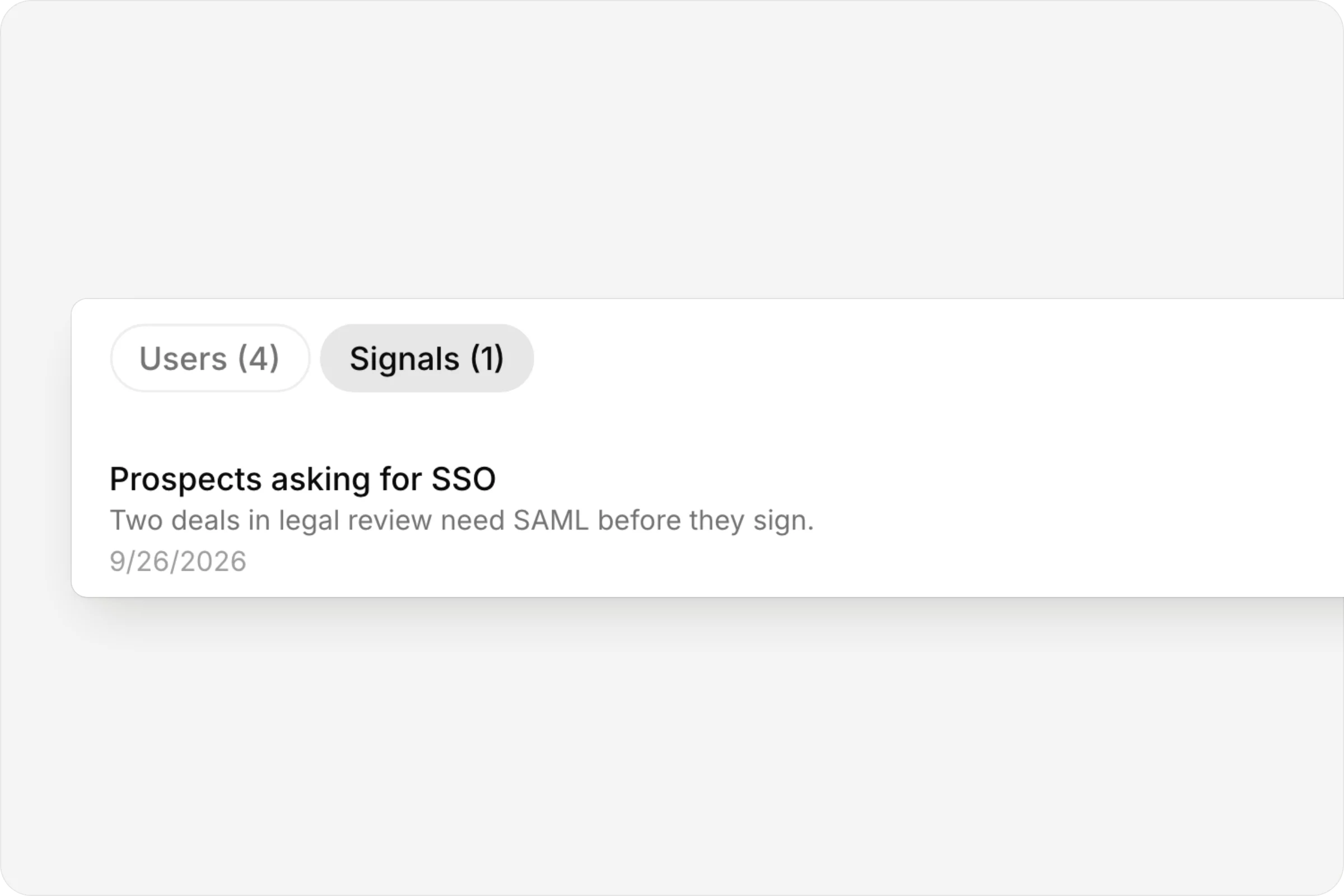An account's Signals tab, with what they said and when