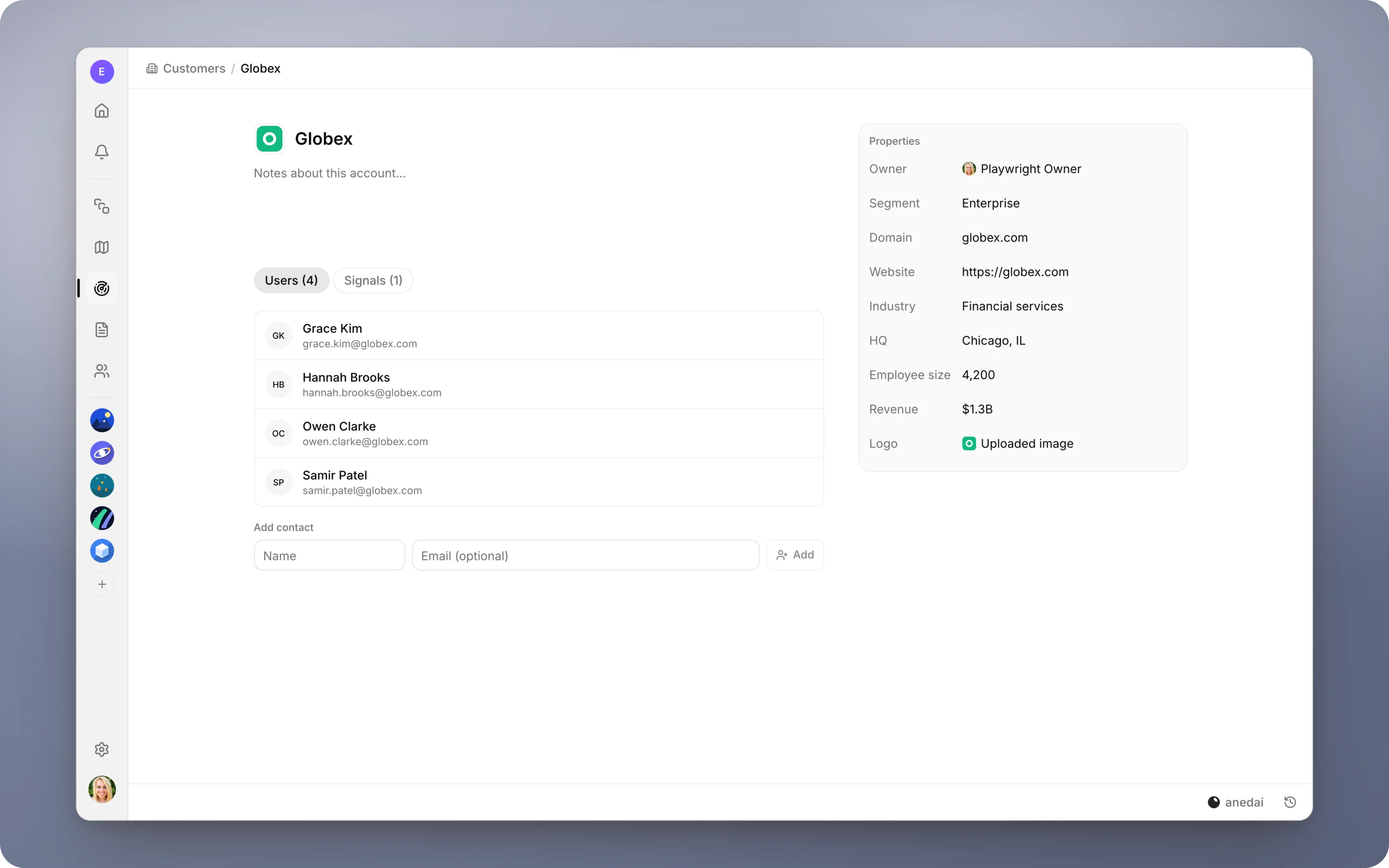 An account page: the company's notes and contacts beside its properties (owner, segment, domain, industry, HQ, headcount, revenue and logo)