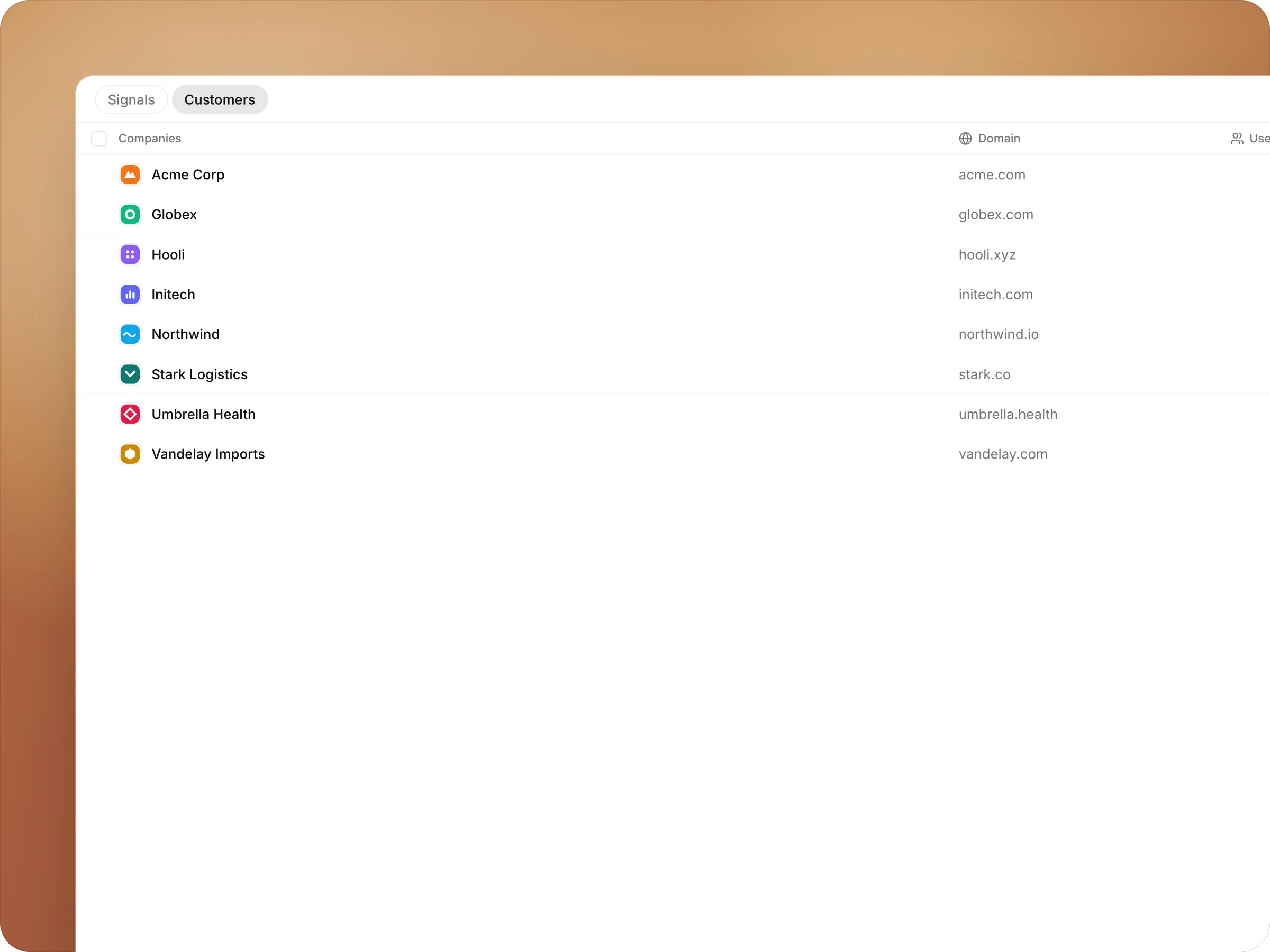 The Customers list: each company with its logo, domain, users and signals