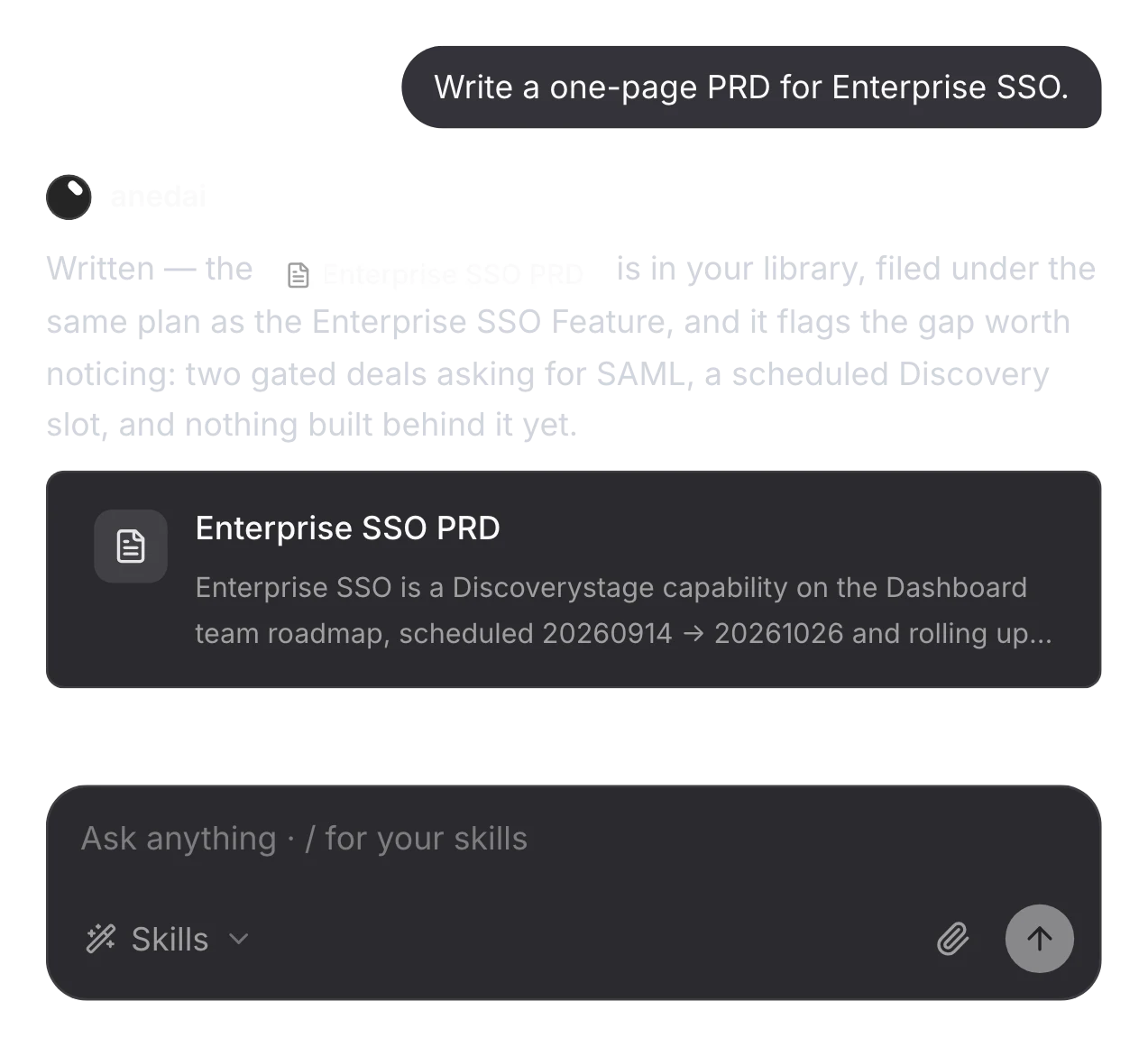 “Write a one-page PRD for Enterprise SSO”, answered with the new Enterprise SSO PRD in the library and the gap it flags: two gated deals asking for SAML, nothing built yet
