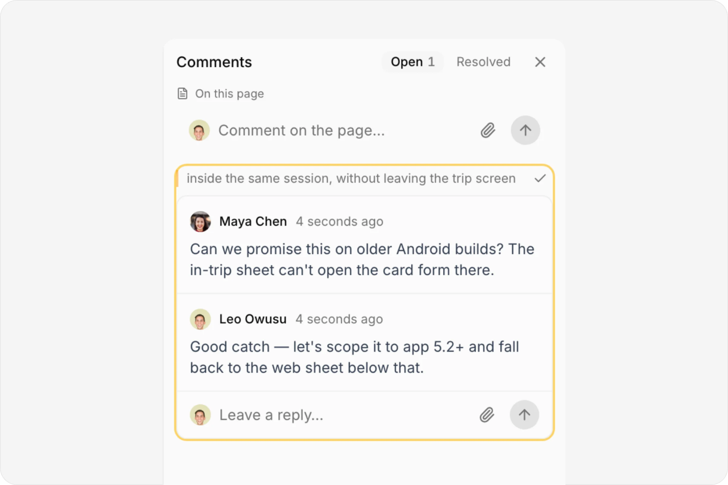 The comments column with an open thread and its replies