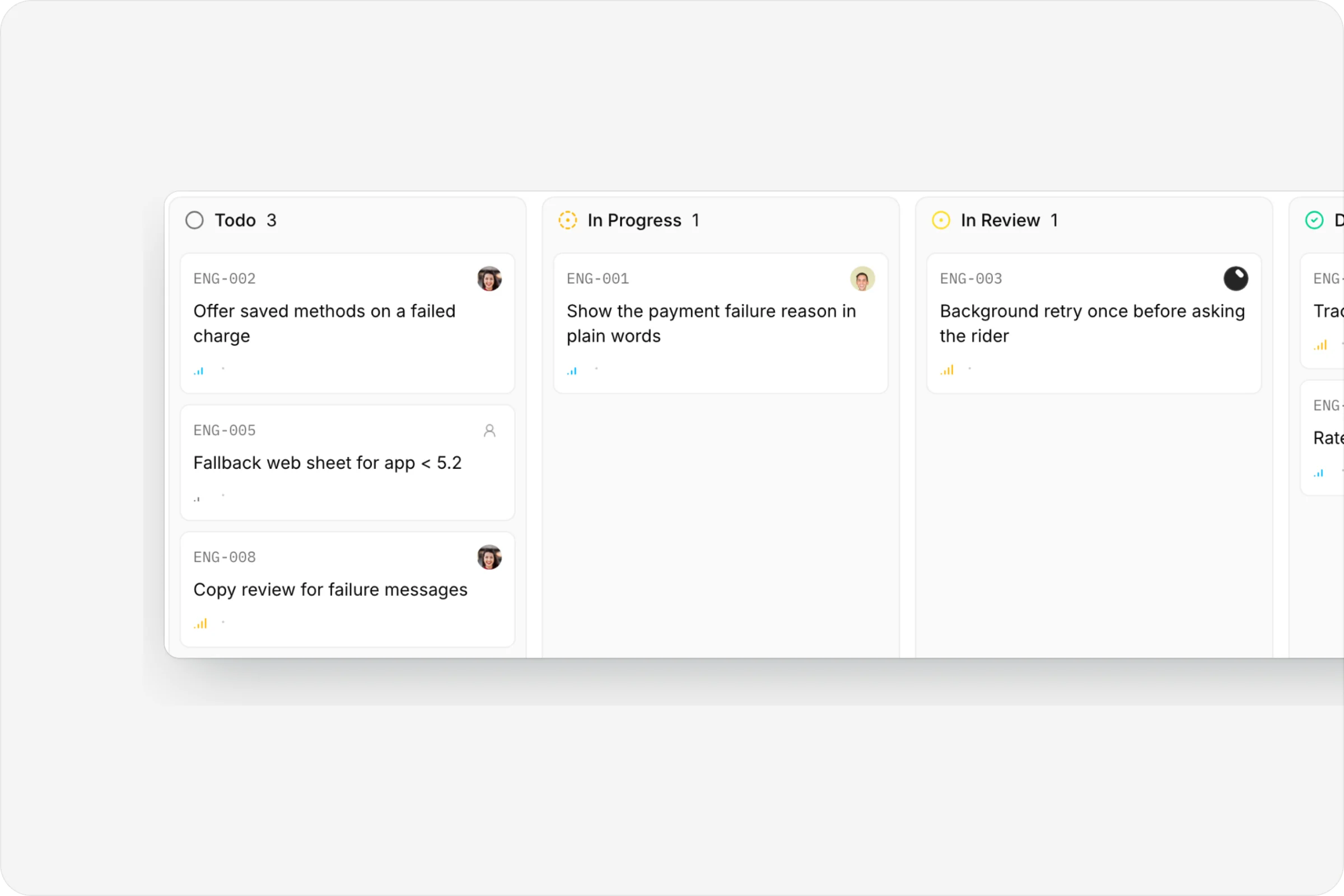 The board, with issues in Todo, In Progress and In Review