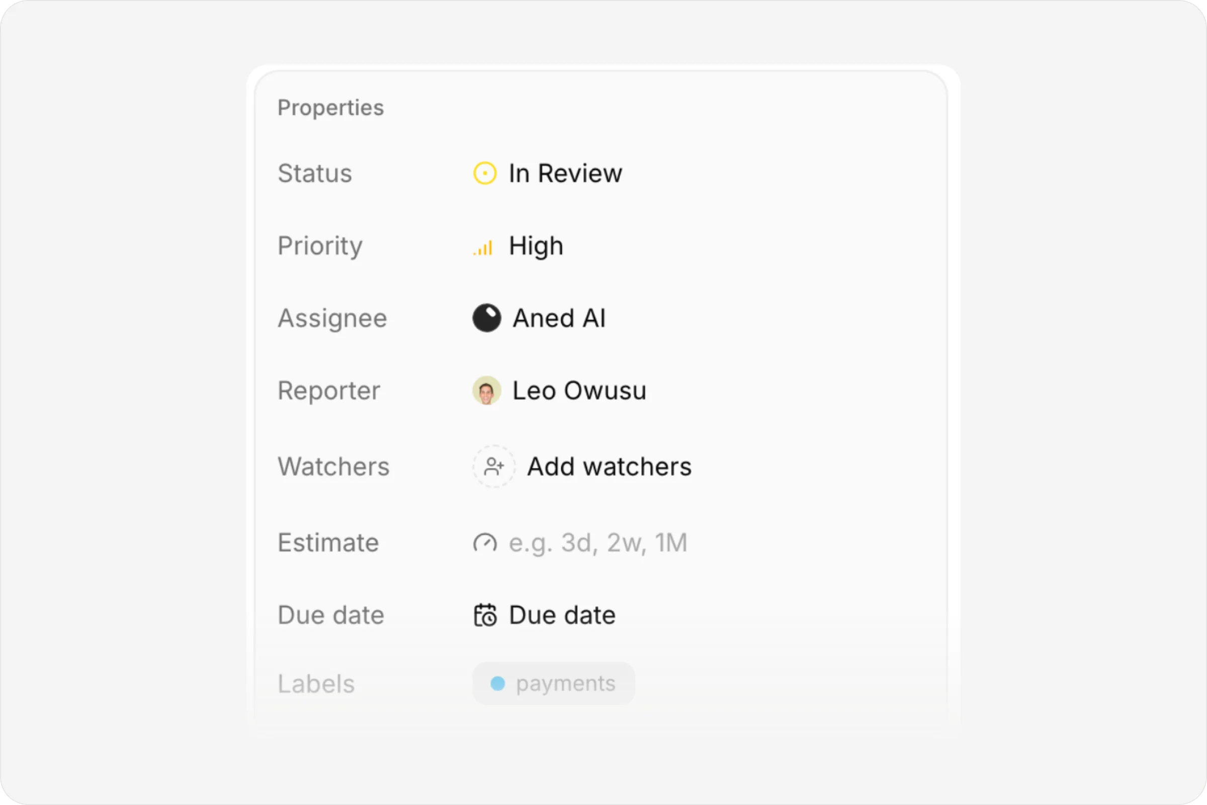 An issue's properties panel