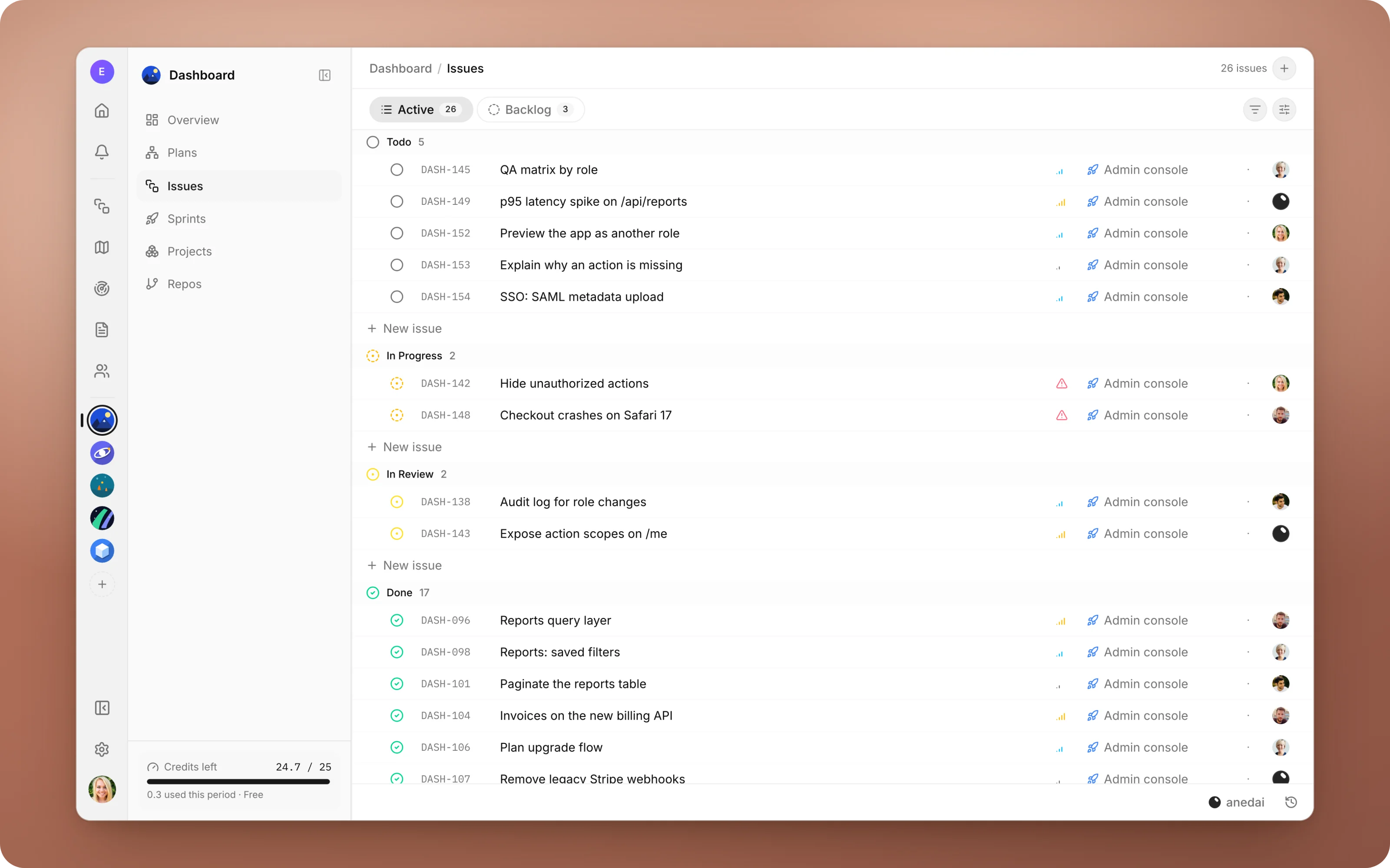 A team's issues grouped by status, with keys, priority and assignees