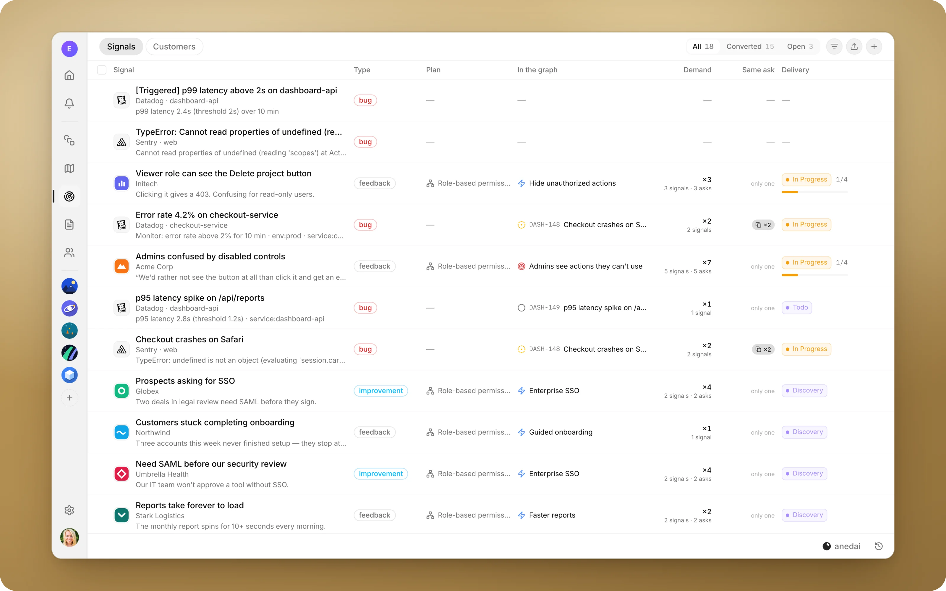Errors from Datadog and Sentry in the Signals inbox, beside customer feedback, with occurrence counts and linked duplicates