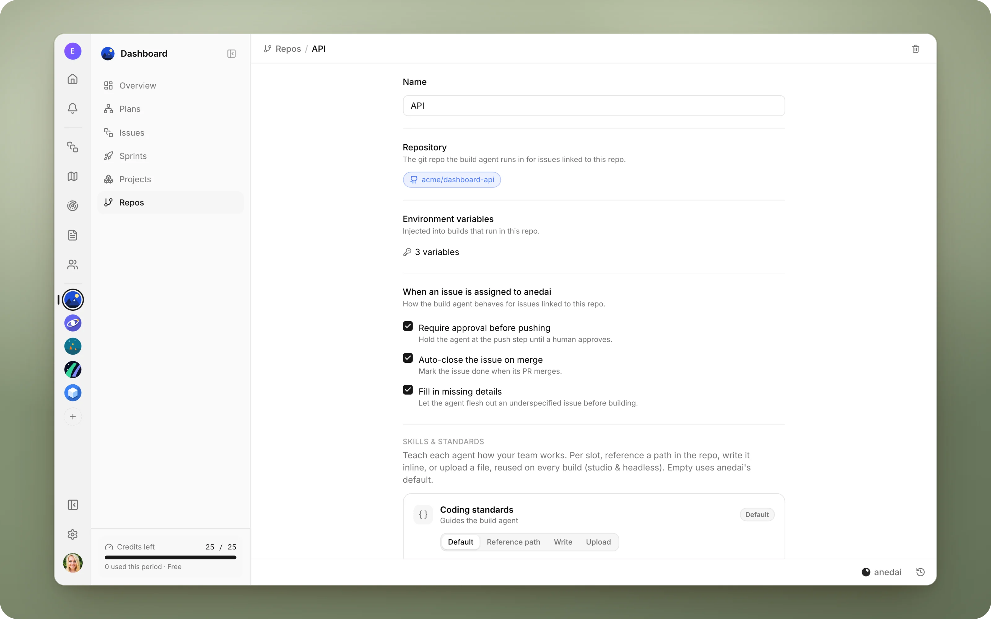 A repo's page: its name, the GitHub repository the build agent runs in, its environment variables and the approval setting