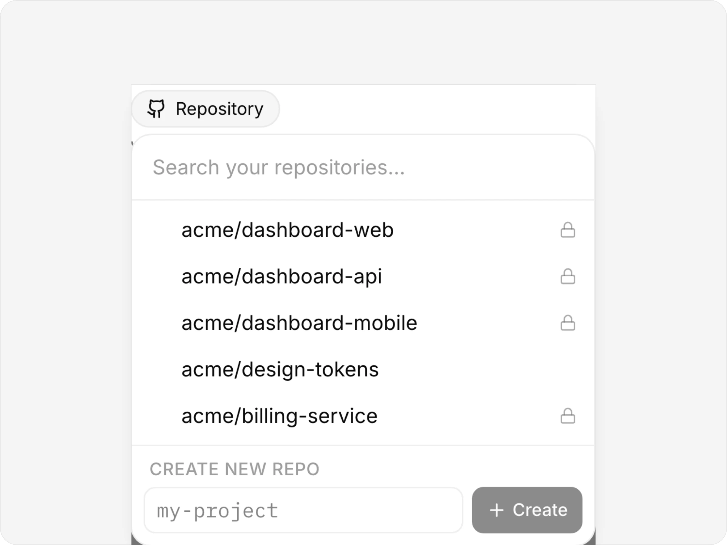 The Connect a repo picker: GitHub repositories, private ones locked, and Create new repo