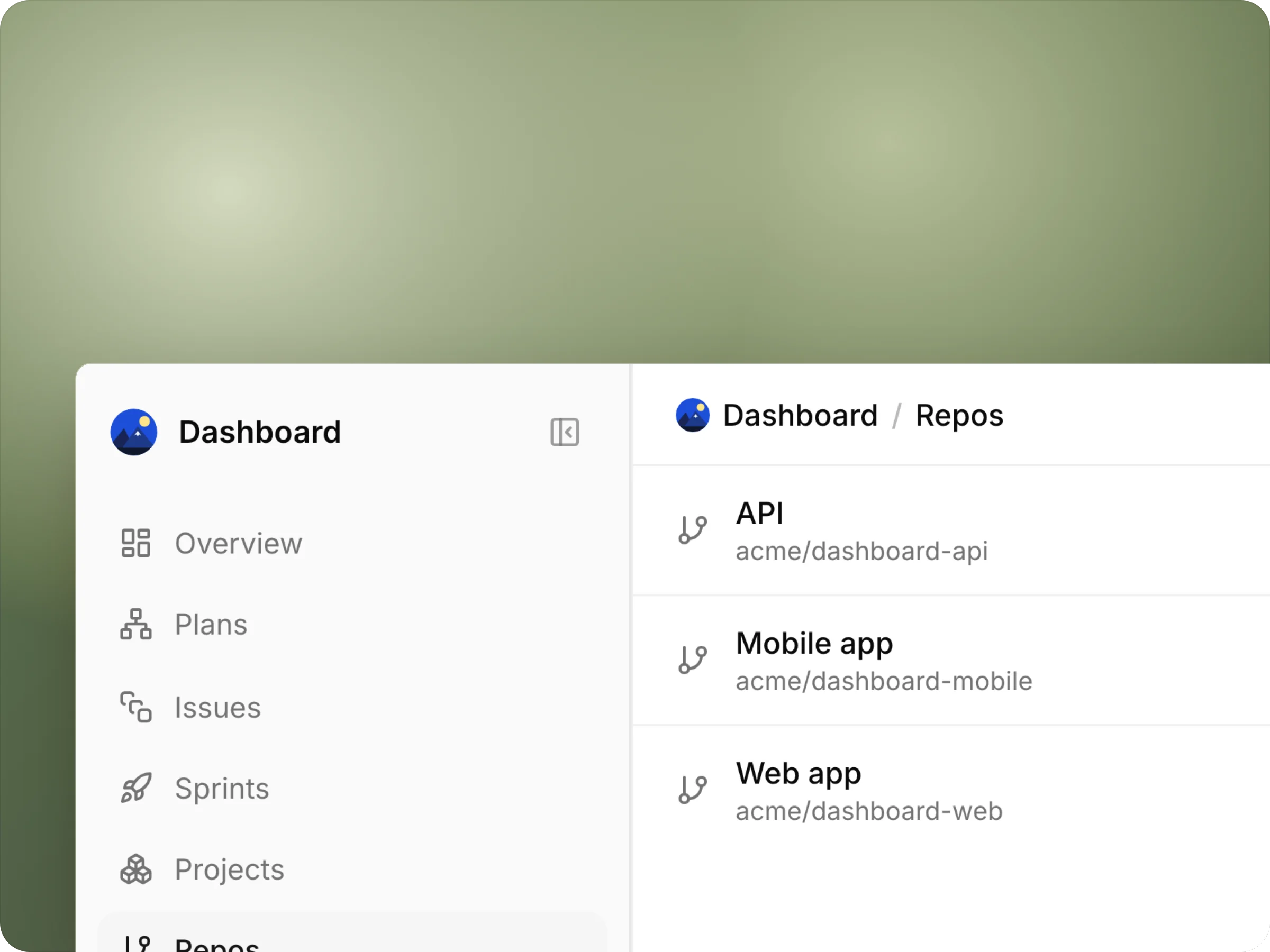 Team → Repos: API, Mobile app and Web app, each with its GitHub repository