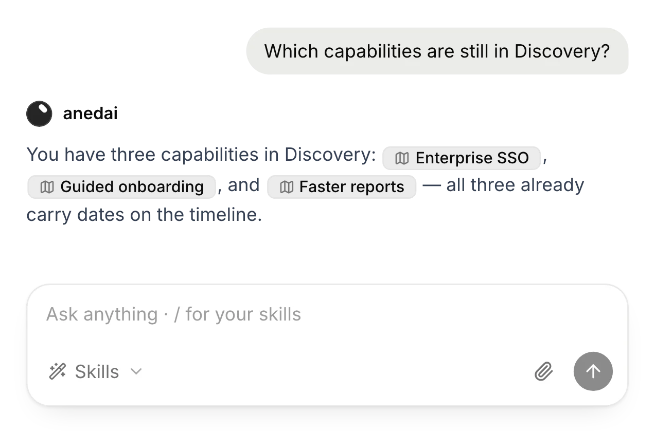 The three capabilities still in Discovery: Enterprise SSO, Guided onboarding and Faster reports