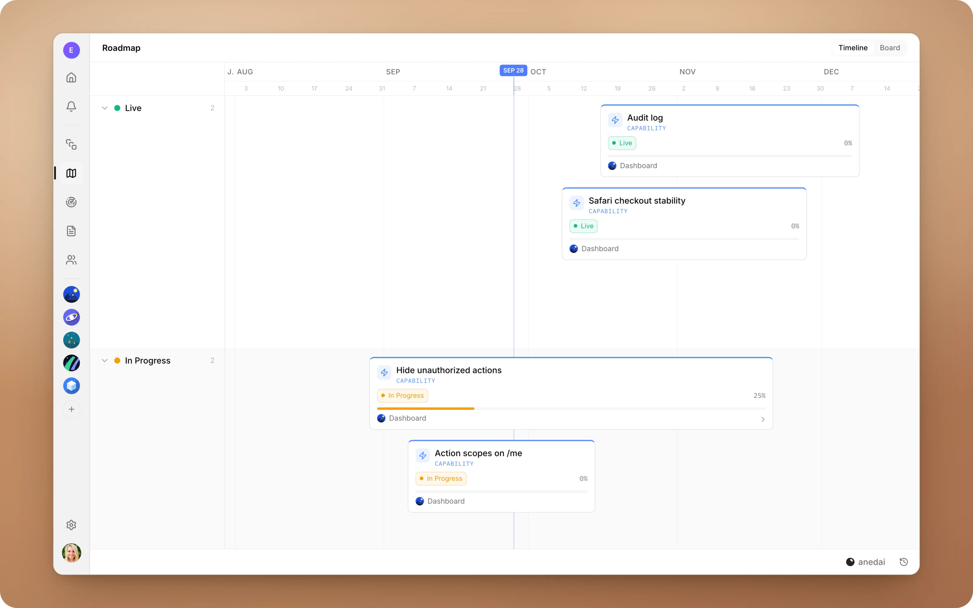 The roadmap timeline: capabilities laid out by date in Live and In Progress lanes, each with its progress and project