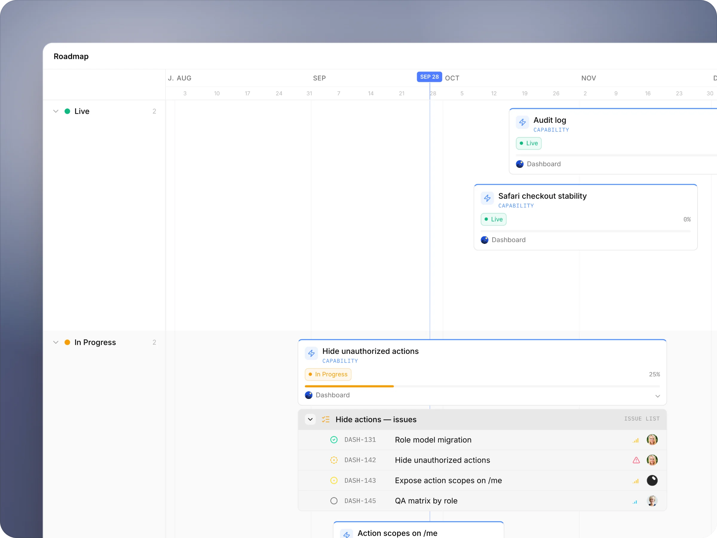 The roadmap timeline with one feature expanded to show its work
