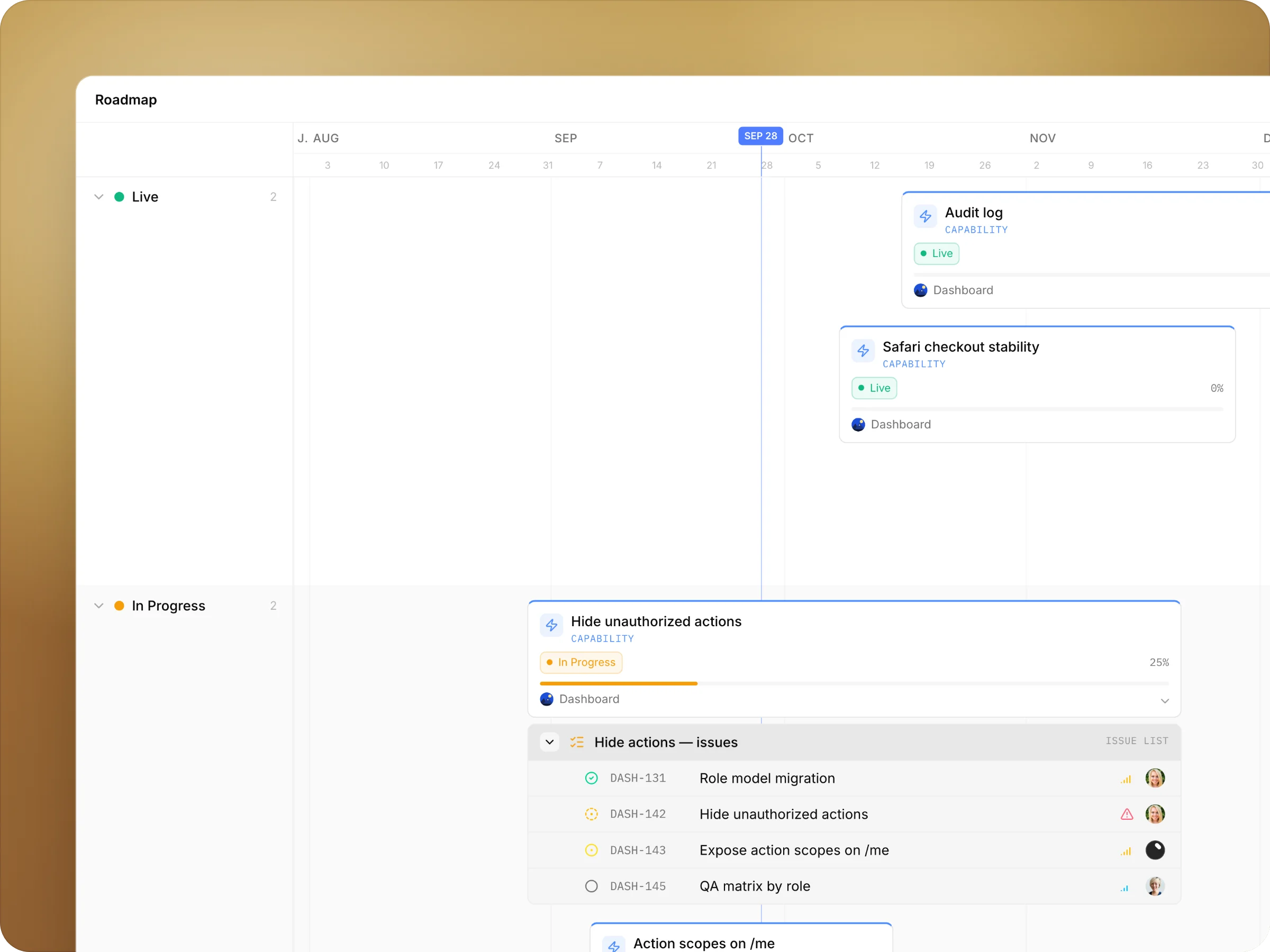 A feature opened on the roadmap, with its issue lists and issues underneath