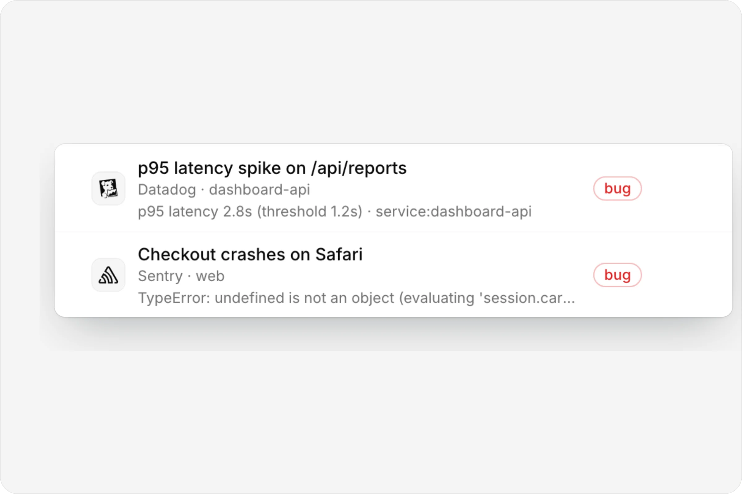 A Datadog latency spike and a Sentry crash as bug signals