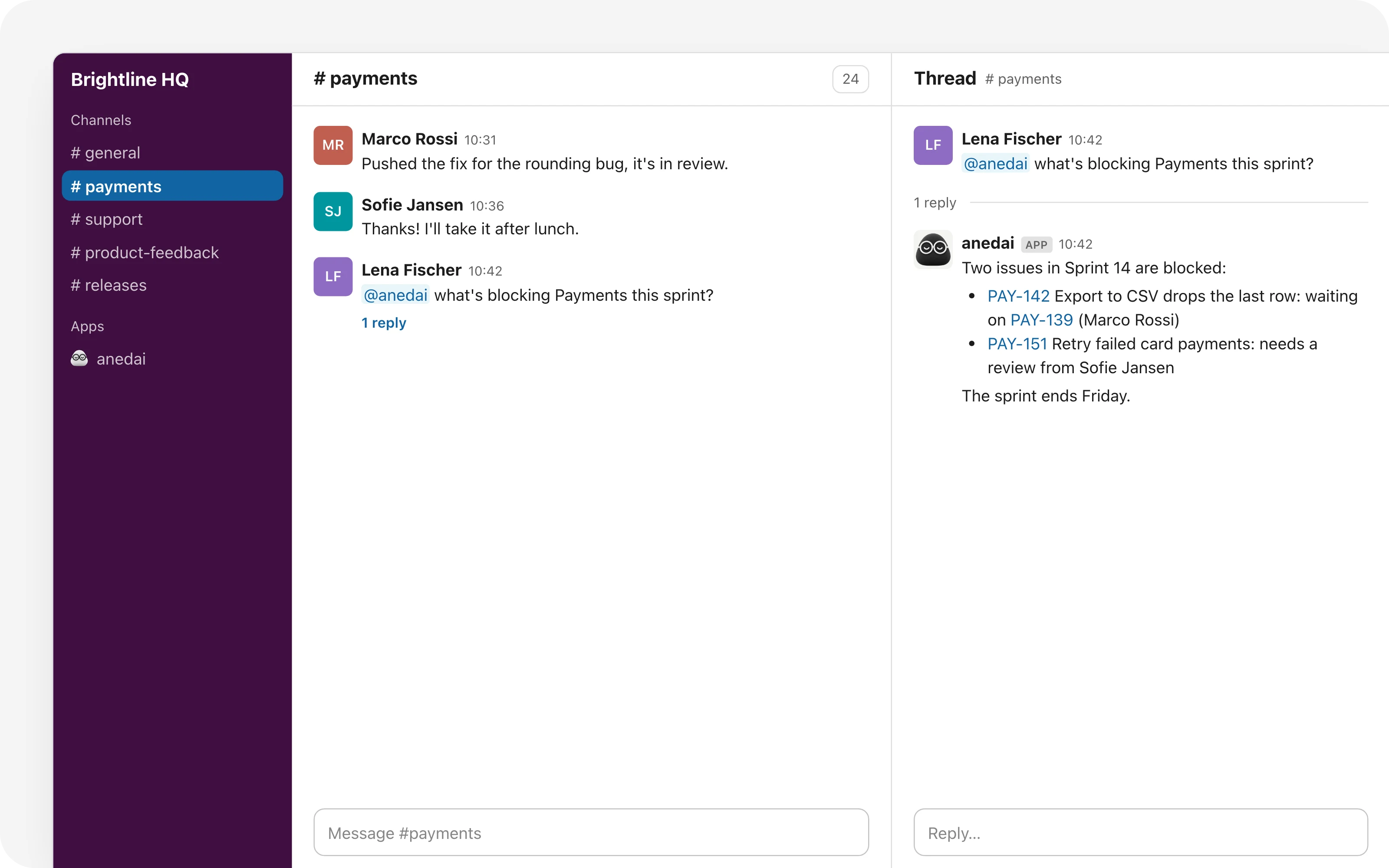 A Slack thread in #payments: Lena asks @anedai what's blocking Payments this sprint, and anedai answers with the two blocked issues and who's on them