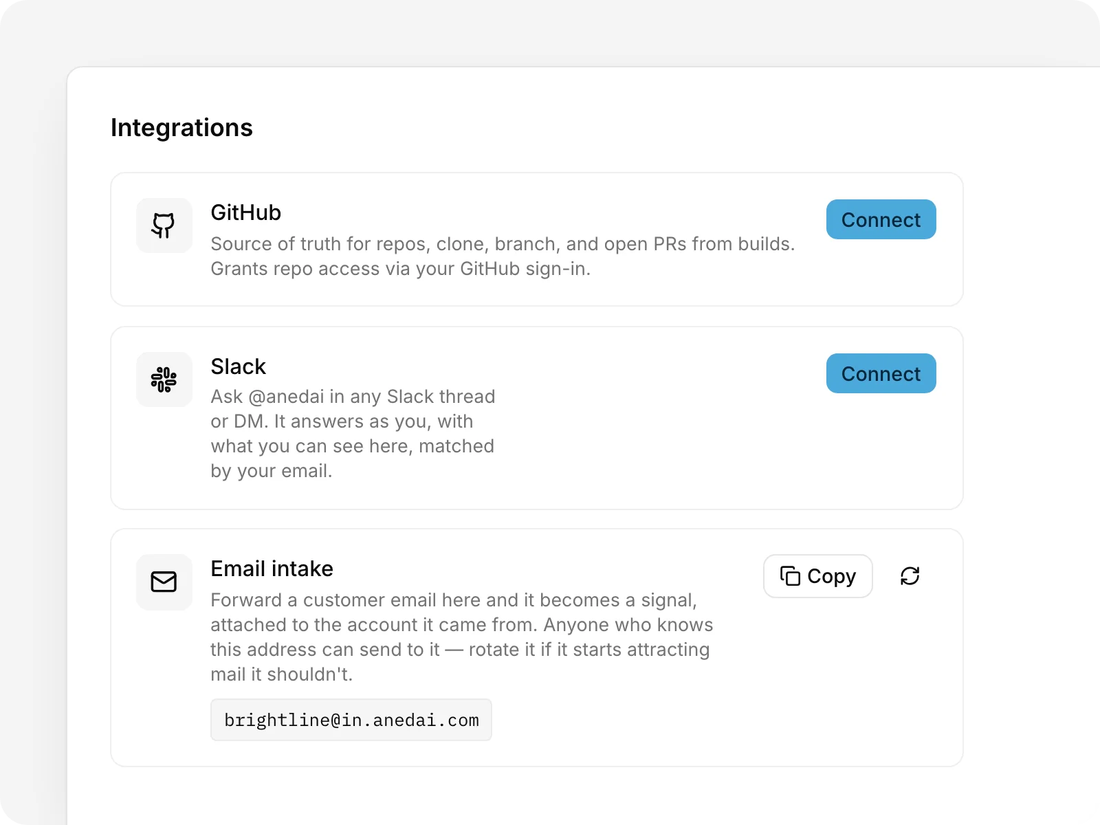 Settings → Integrations: the Slack card goes from Connect to Connected, with the workspace's name