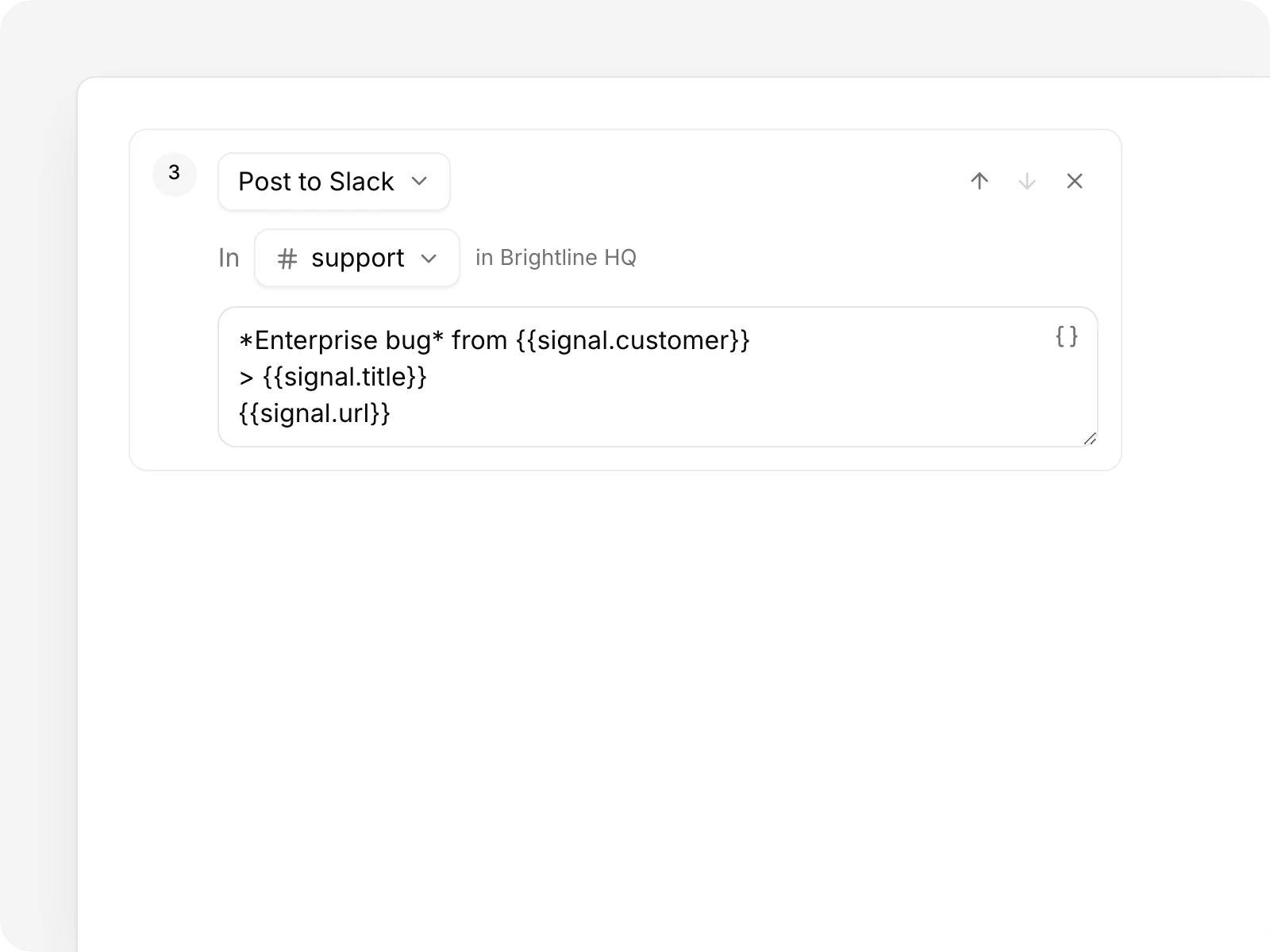 A workflow's Post to Slack step, and the message it posts in #support with the customer, the signal's title and its link