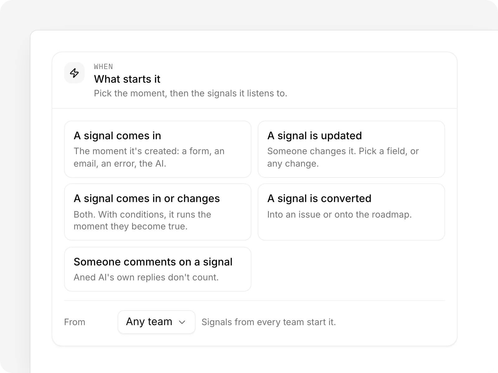 The moments a workflow can start on, with A signal comes in picked