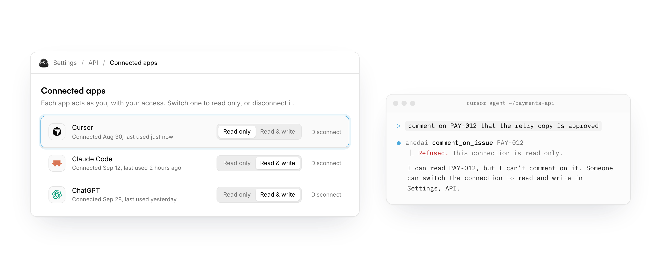 Settings, API, Connected apps: Cursor is set to Read only. In the terminal, the agent's comment on PAY-012 is refused because the connection is read only.