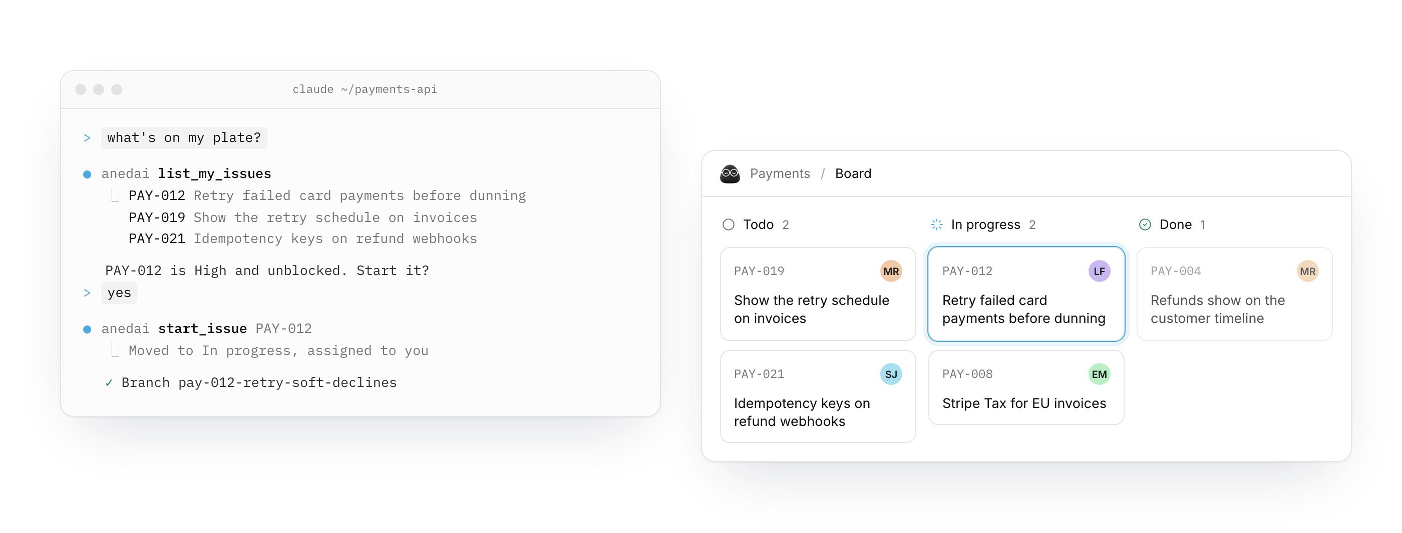 The agent runs list_my_issues and start_issue. On the AnedAI board, PAY-012 sits in In progress.