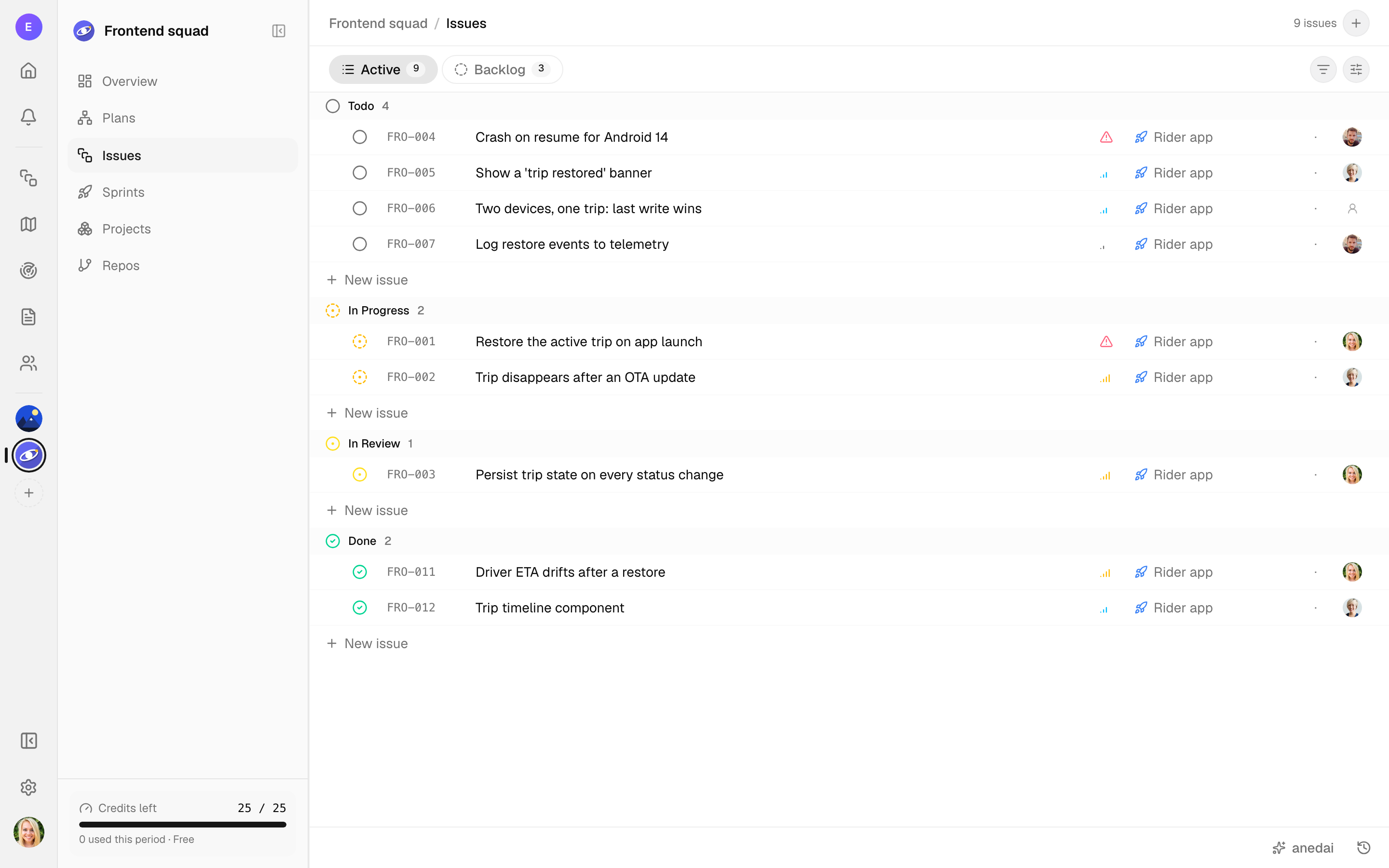 The issue list for a squad, grouped by status from Todo to Done