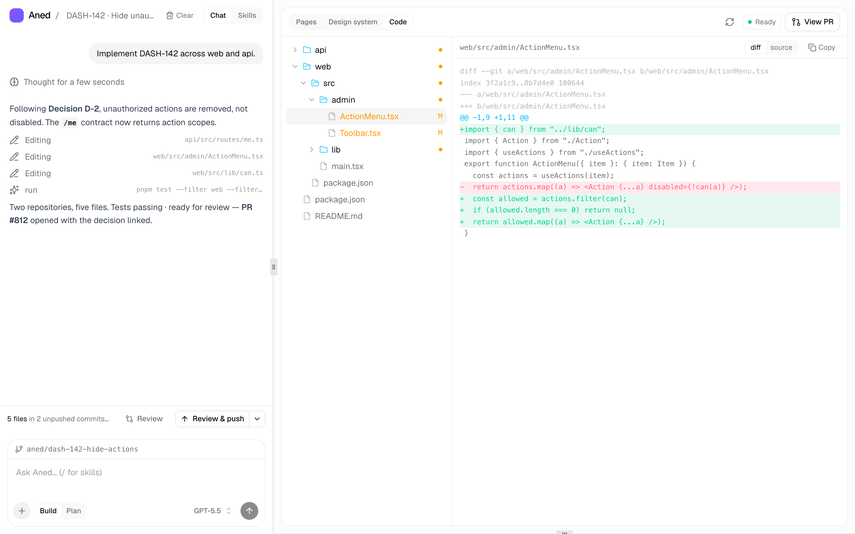 AnedAI Studio: the agent's chat beside the code it changed, with the pull request ready for review